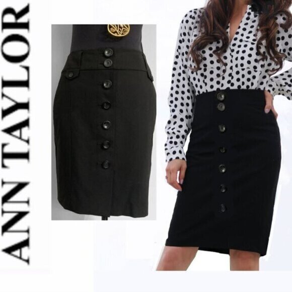 Ann TAYLOR Black Virgin Wool Pencil Skirt Button Down 2​​​​​​ - Picture 1 of 12